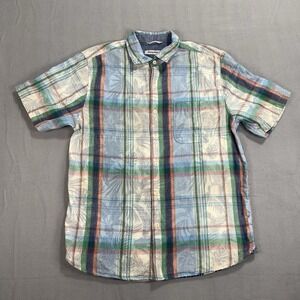 Tommy Bahama Short Sleeve Shirt Plaid Palm Print 100% Cotton Casual Mens